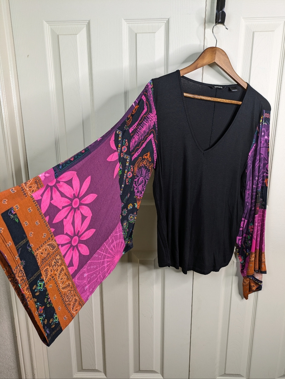 Desigual Moments Top Large Black Patch Print Floral Flared Sleeve Festival Boho - Picture 2 of 10